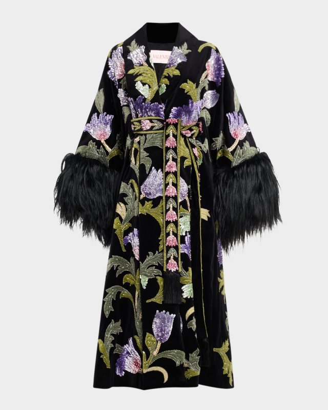 Sequined Velvet Wrap Coat With Goat Shearling Trim